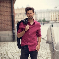 Koszula lniana męska kolor wrzosowy 