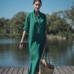 Lniana sukienka koszulowa szmaragdowa