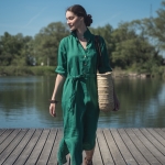 Lniana sukienka koszulowa szmaragdowa