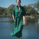 Lniana sukienka koszulowa szmaragdowa