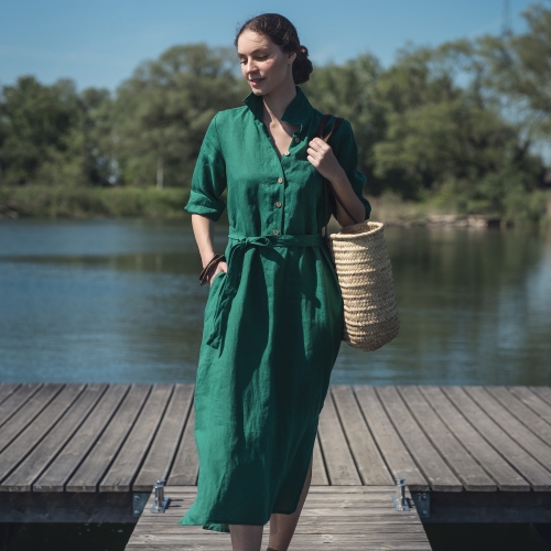 Lniana sukienka koszulowa szmaragdowa