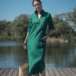 Lniana sukienka koszulowa szmaragdowa