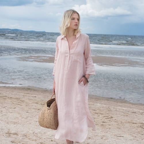 Lniana sukienka koszulowa pastelowy róż